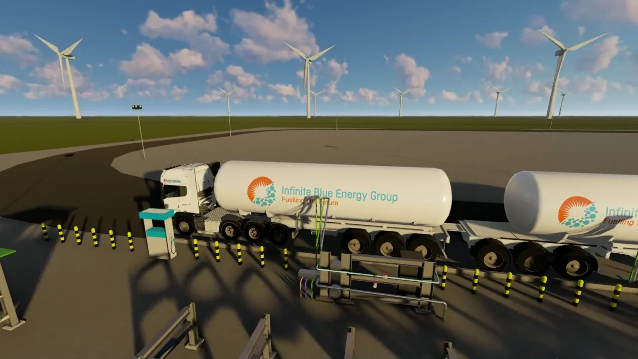 Animated flyover of the green hydrogen supply chain from renewable generation to tanker delivery