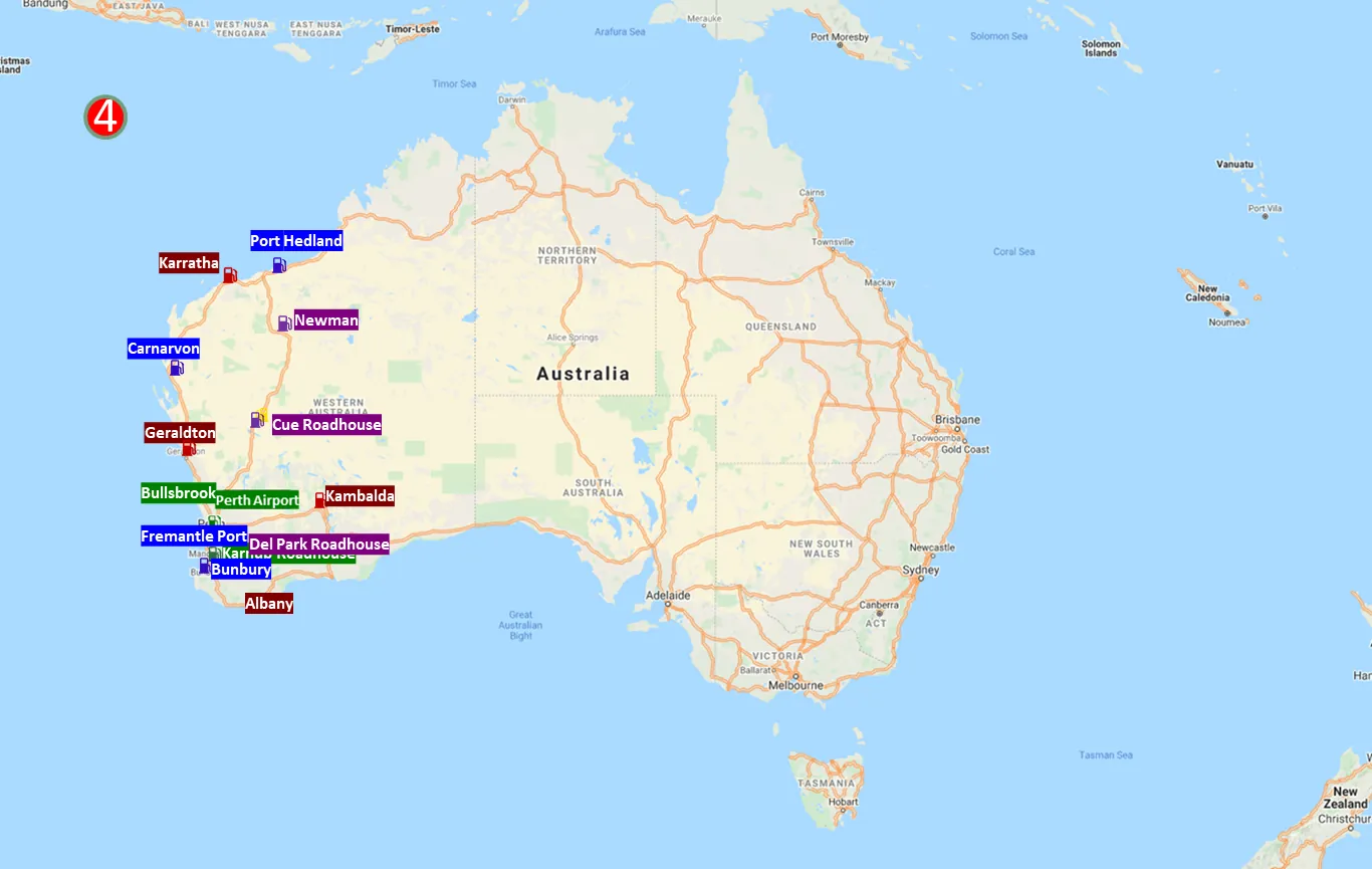 Map of Western Australia showing 14 planned Hydrogen West refuelling stations